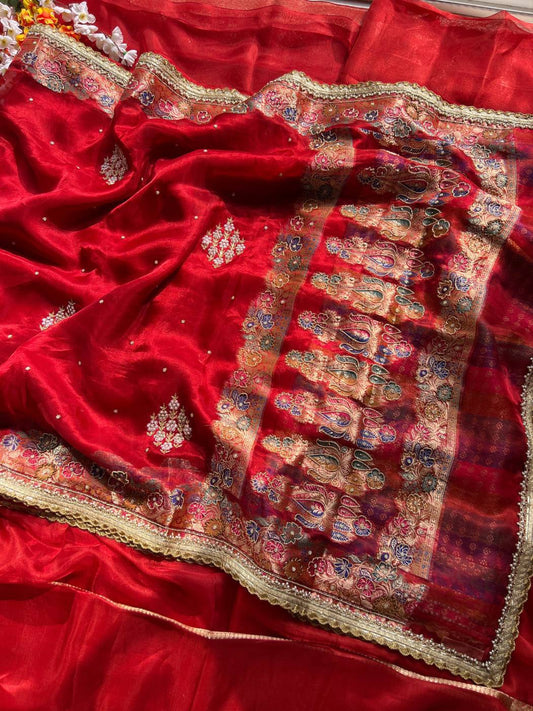 Royal Red Tissue Silk Saree Nakkashi with Hand Embroidered Banarasi Floral and Pot full view
