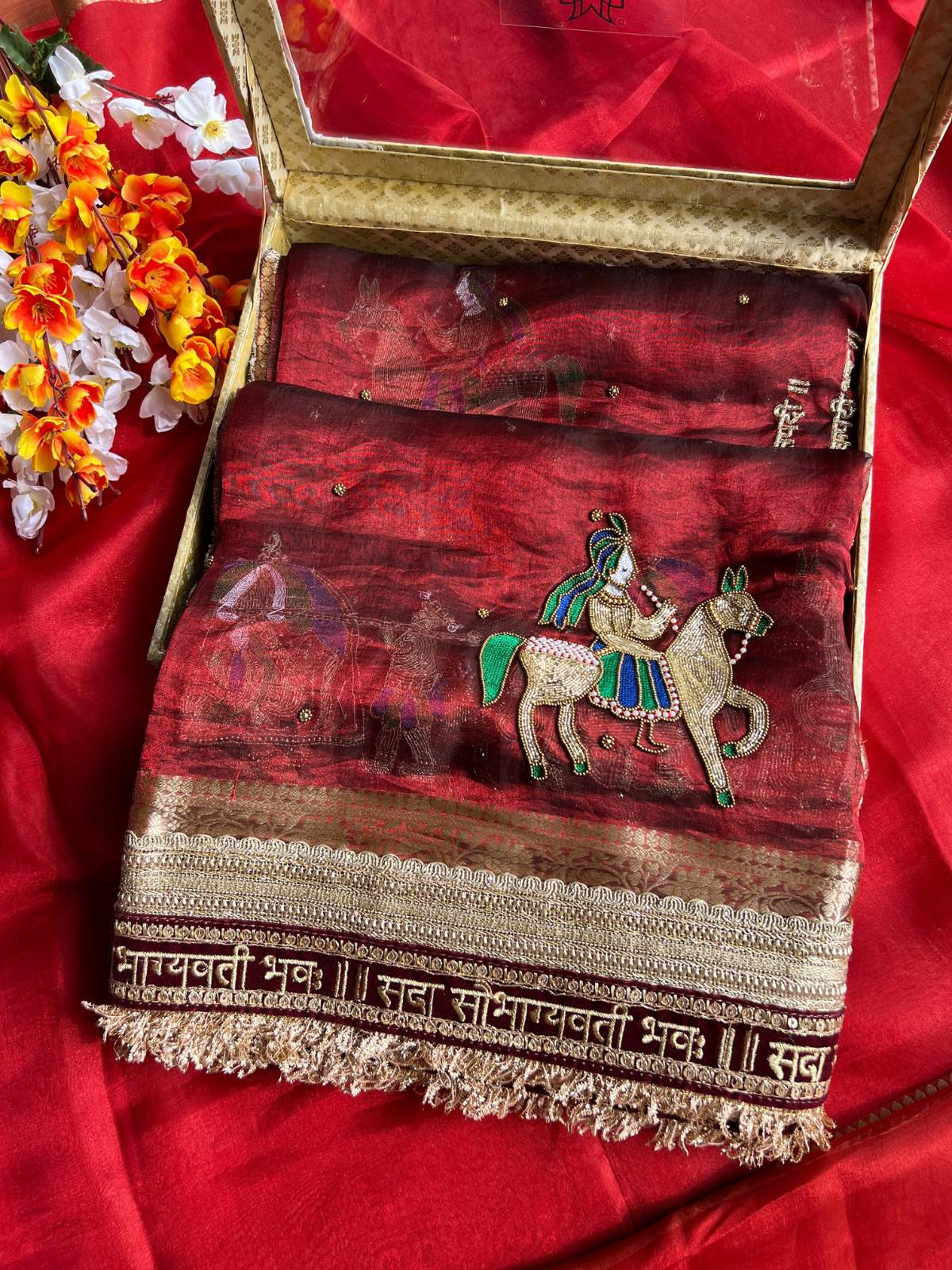 Maroon Tissue Silk with Hand-embroidered Saat Vachan front view