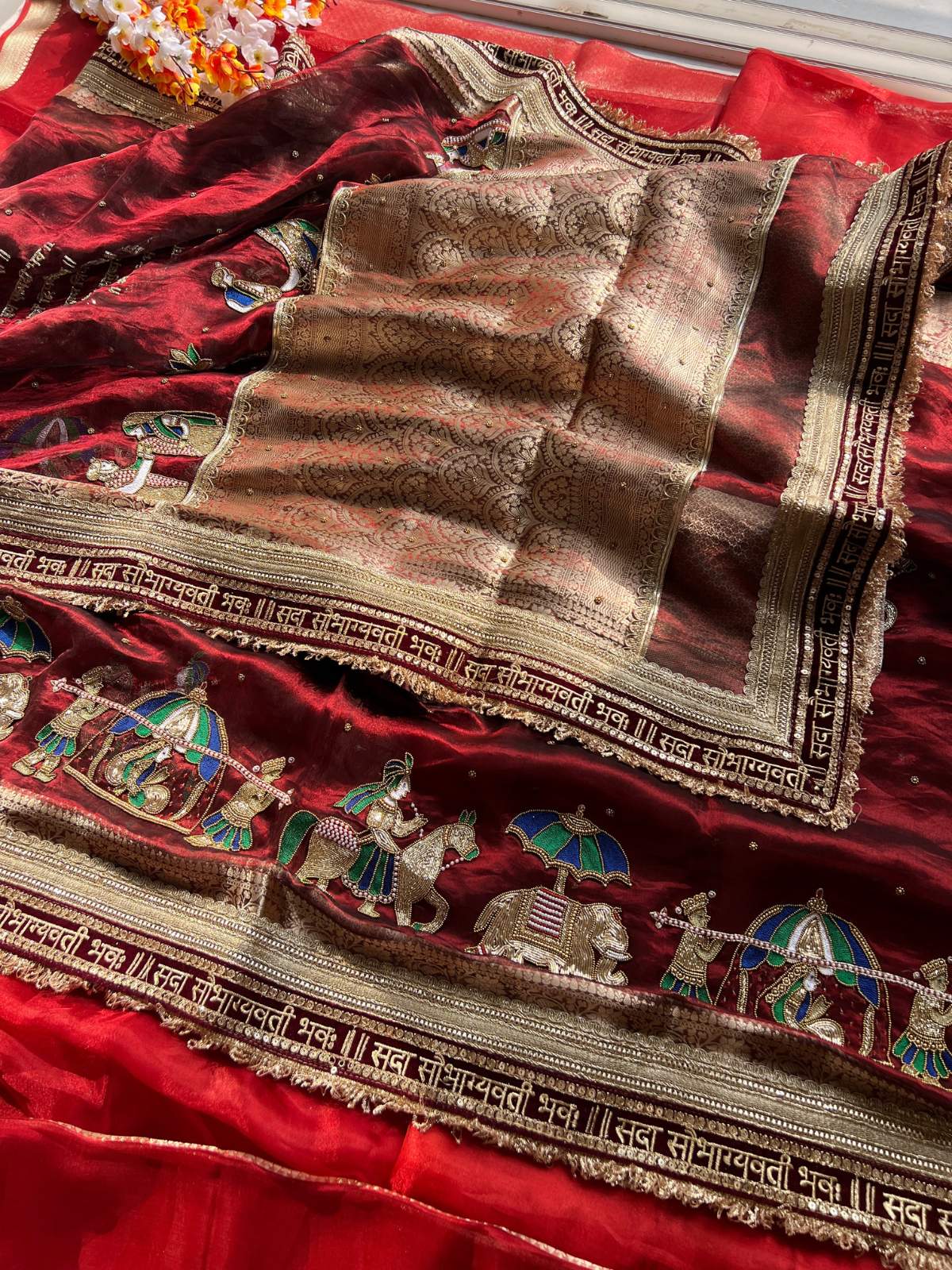 Maroon Tissue Silk with Hand-embroidered Saat Vachan full view 02