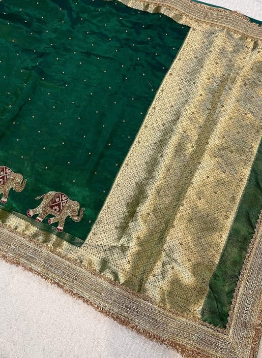 Hand-Embroidered Green Banarasi Tissue Silk Saree with Elephant Motifs and Gota Patti Border, Ideal for Wedding & Festive Occasions