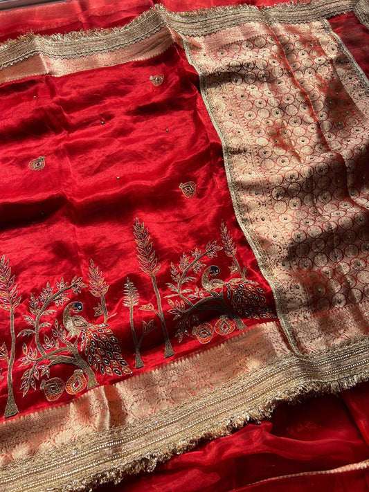 Royal Red Banarasi Tissue Silk Saree Shahi Mor with Hand Embroidered Peacock and delicate floral vines full view
