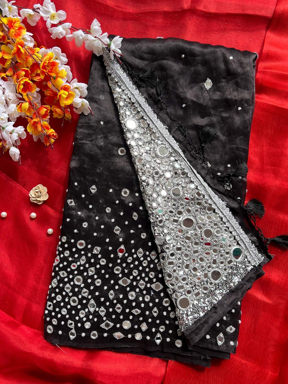 Black Tissue Silk Saree Shish Mahal with hand embroidery mirror work front view