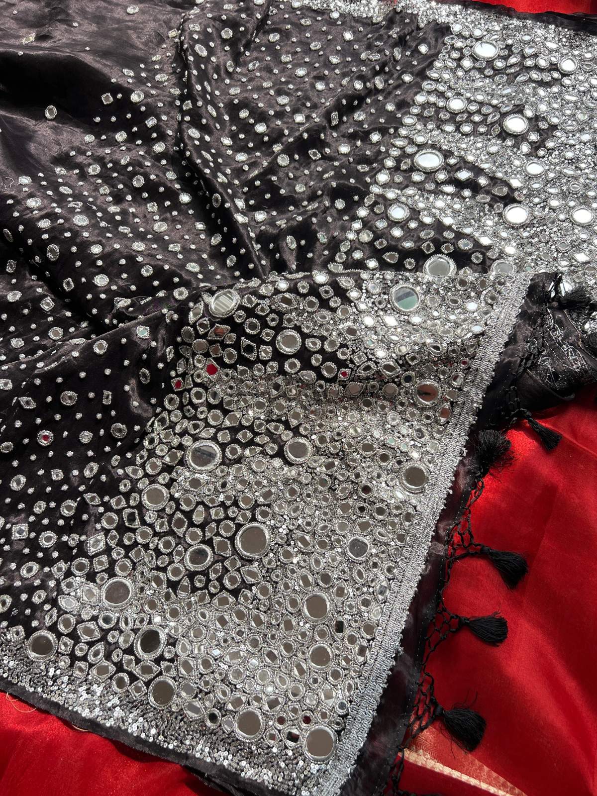 Black Tissue Silk Saree Shish Mahal with hand embroidery mirror work closeup view