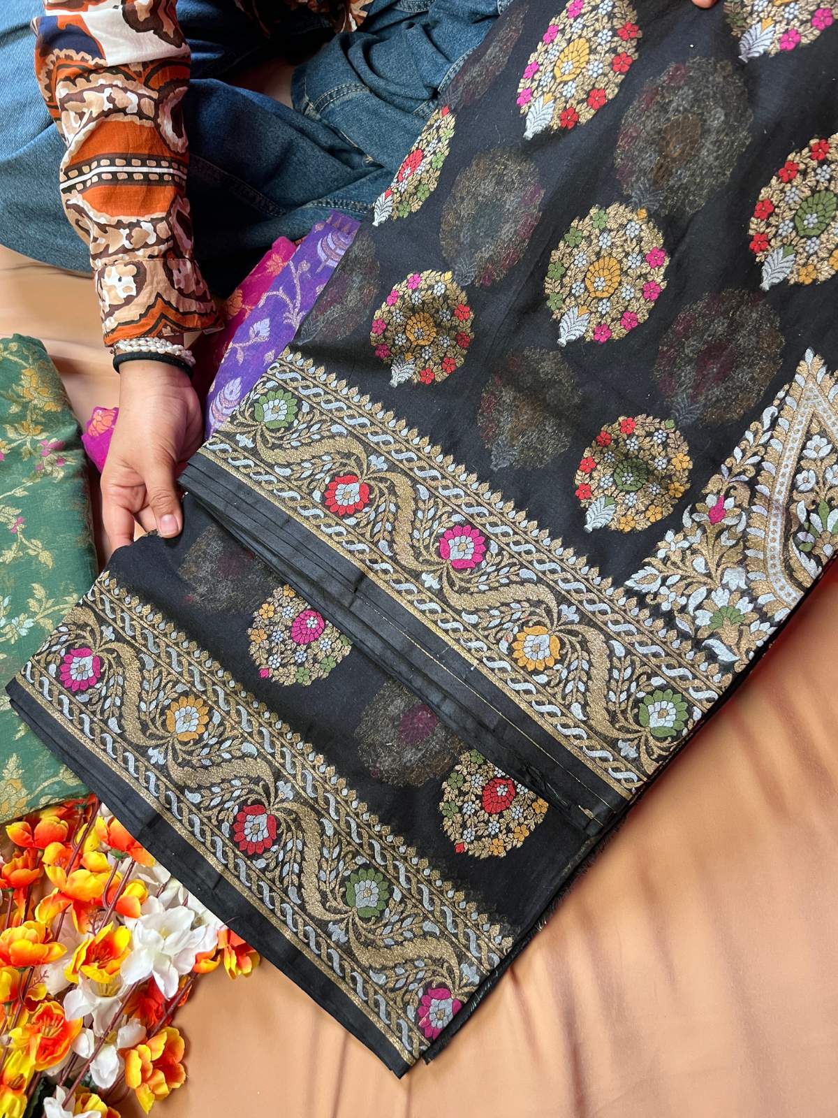 Black Cotton Jamdani with floral buta front view
