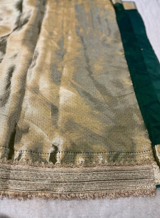 Hand-Embroidered Green Banarasi Tissue Silk Saree with Elephant Motifs and Gota Patti Border, Ideal for Wedding & Festive Occasions