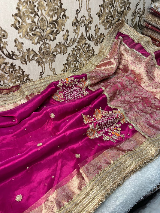 Hot pink Gayatri Mantra Banarasi silk saree with sacred text design