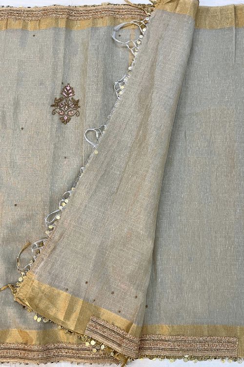 Hand-Embroidered Ash Grey Linen Tissue Silk Saree with intricate embroidery