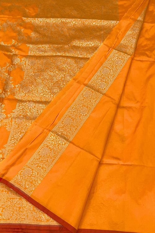 Handwoven Orange Katan Silk Saree with Floral Motifs and Contrast Border