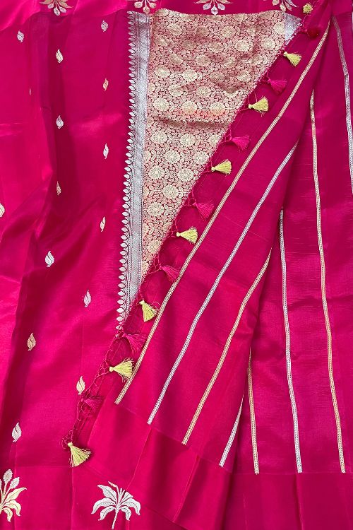 Hot Pink Raw Mango Silk Saree with floral brocade aachal, satin border, and Sona Rupa buti – handcrafted Banarasi silk saree