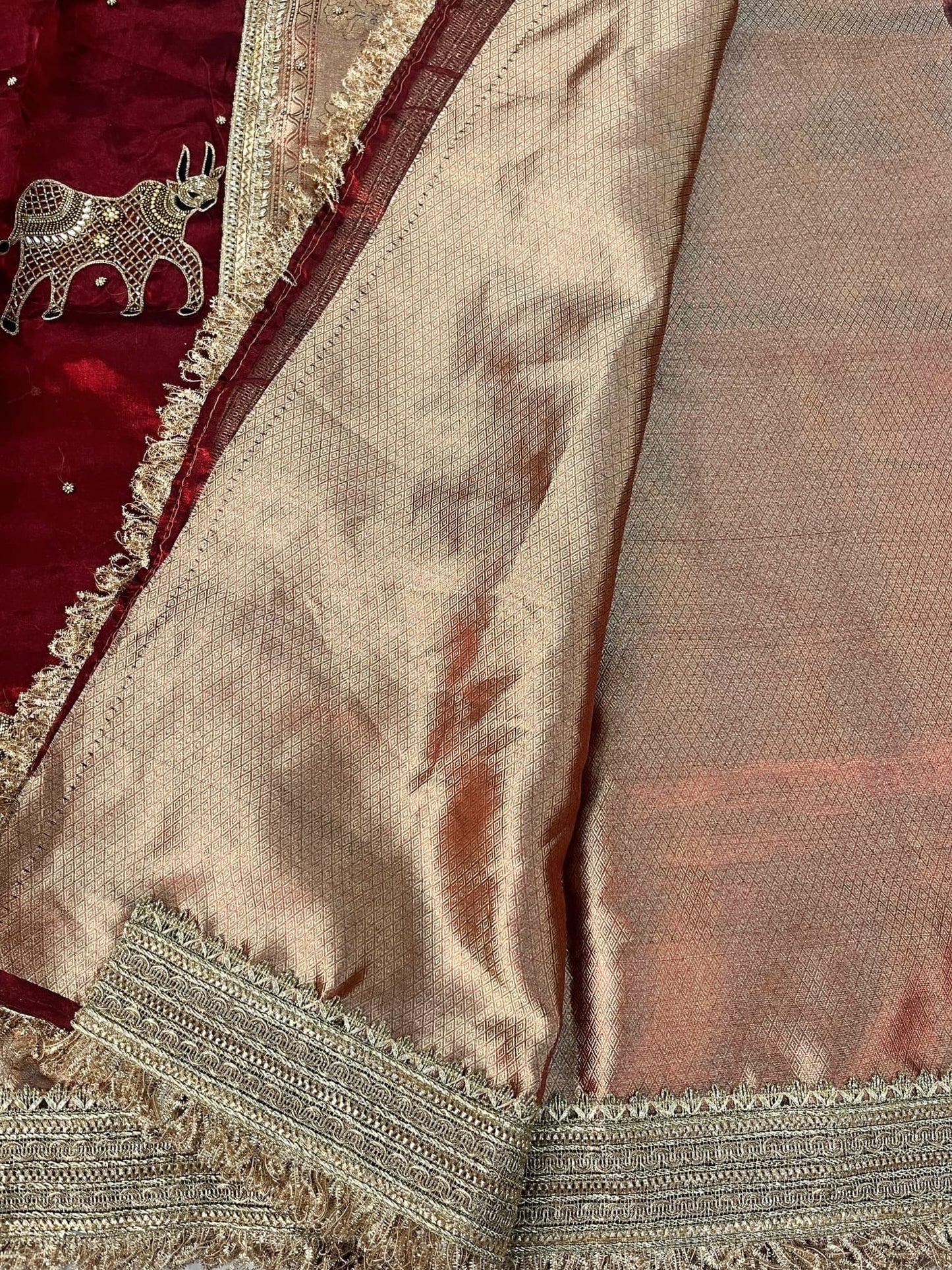 Hand Embroidered Maroon Banarasi Tissue Silk Saree with Nandi Buta, Gota Patti Border, Brocade Aachal, and Unstitched Brocade Blouse