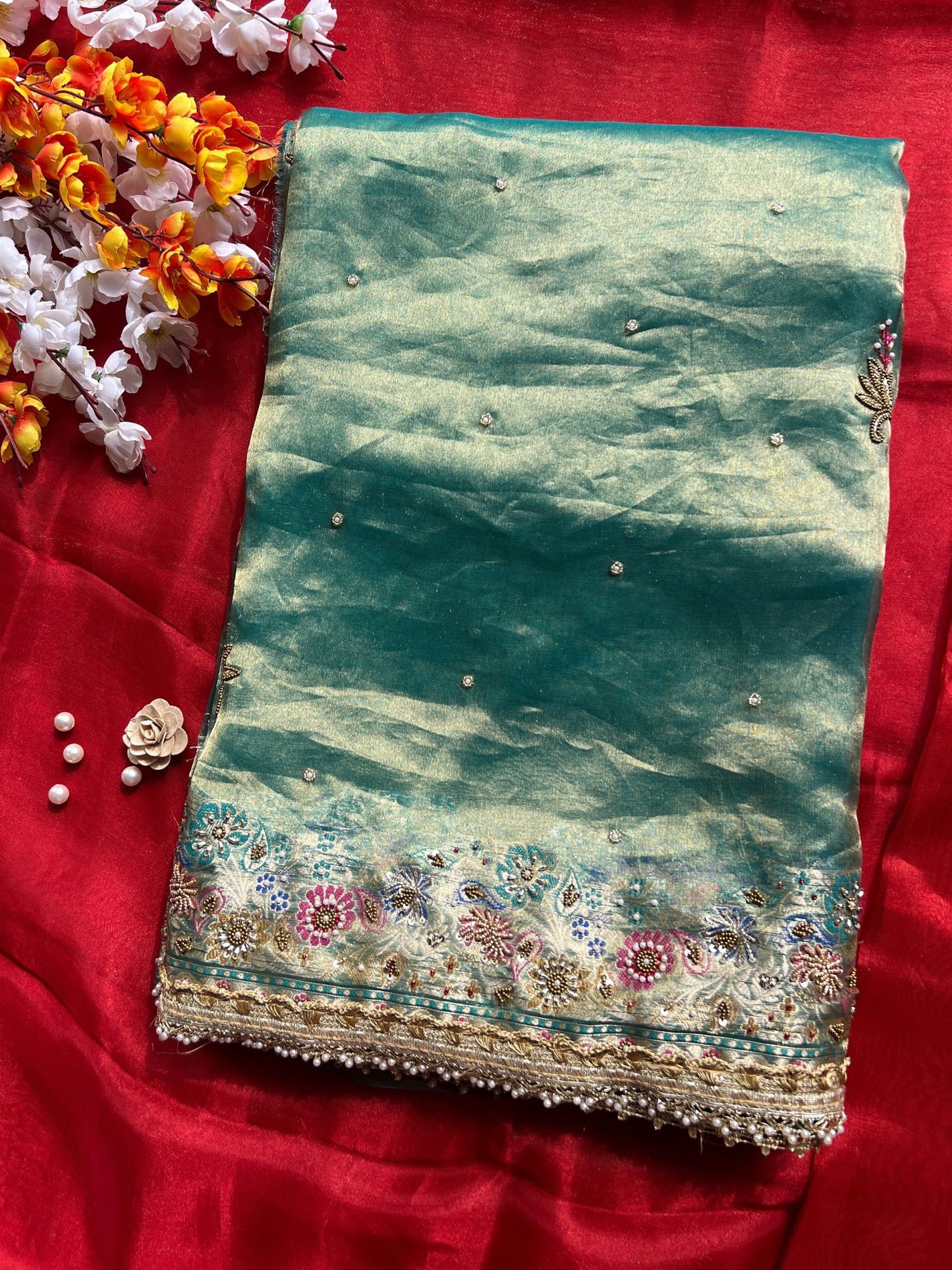 Sea Green Tissue Silk Saree Nakkashi with Hand Embroidered Banarasi Floral and Pot front view