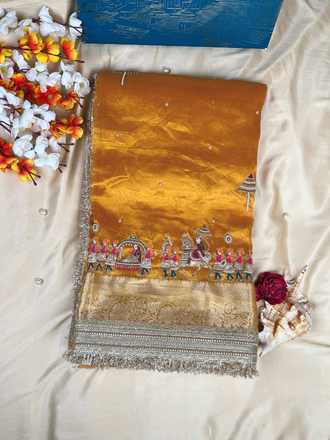Yellow Banarasi Tissue silk saree Barat with hand embroidery front view