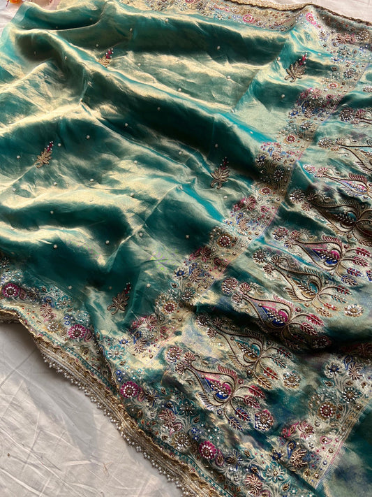 Sea Green Tissue Silk Saree Nakkashi with Hand Embroidered Banarasi Floral and Pot full view