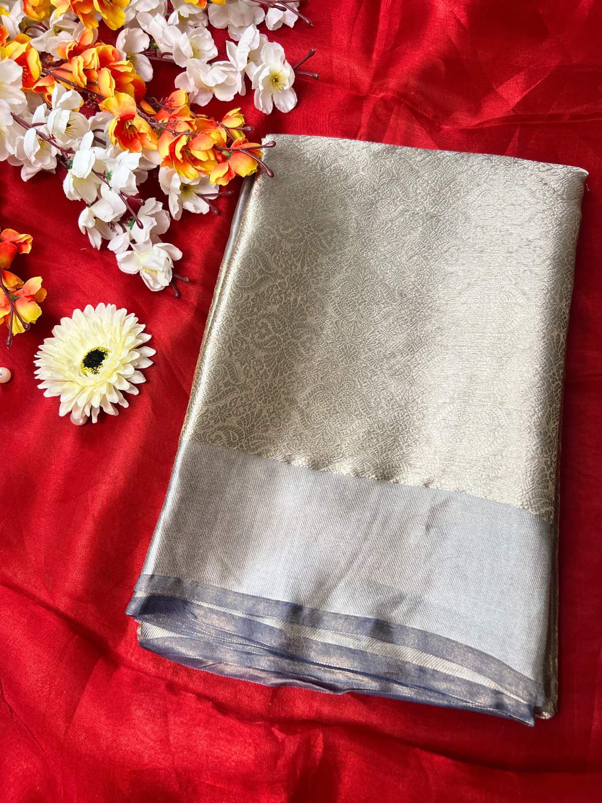 Ash Grey Brocade Tissue Silk Saree with Zari Work front view
