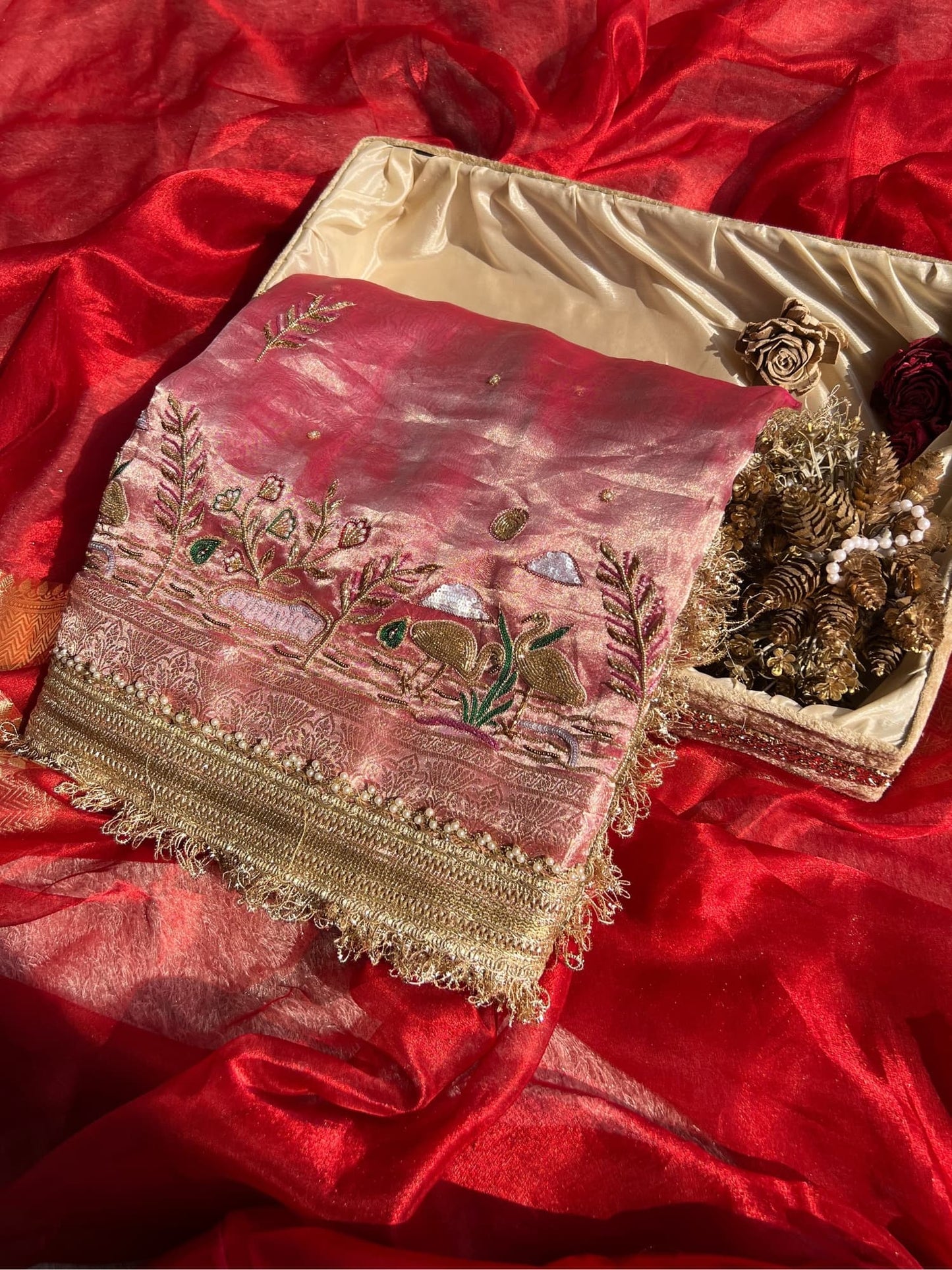 βRose Pink Flamingo saree with vibrant color and elegant traditional motifsβ