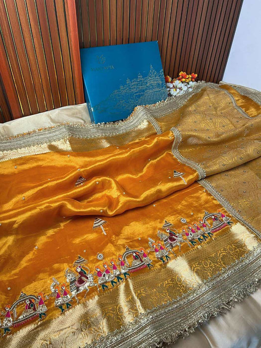 Yellow Barat Banarasi silk saree designed for traditional wedding processions