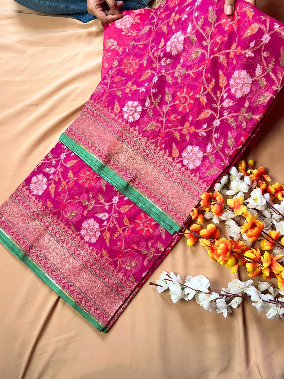 Hot Pink Cotton Jamdani Saree with floral vine front view
