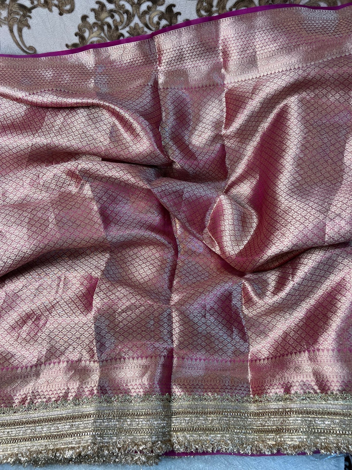 Hot pink Gayatri Mantra Banarasi silk saree with sacred text design