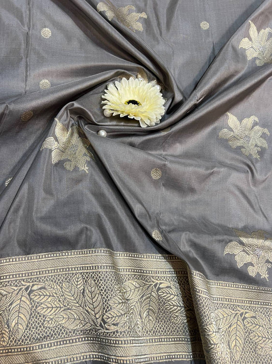 Grey Katan Silk Saree with floral and leaf closeup view