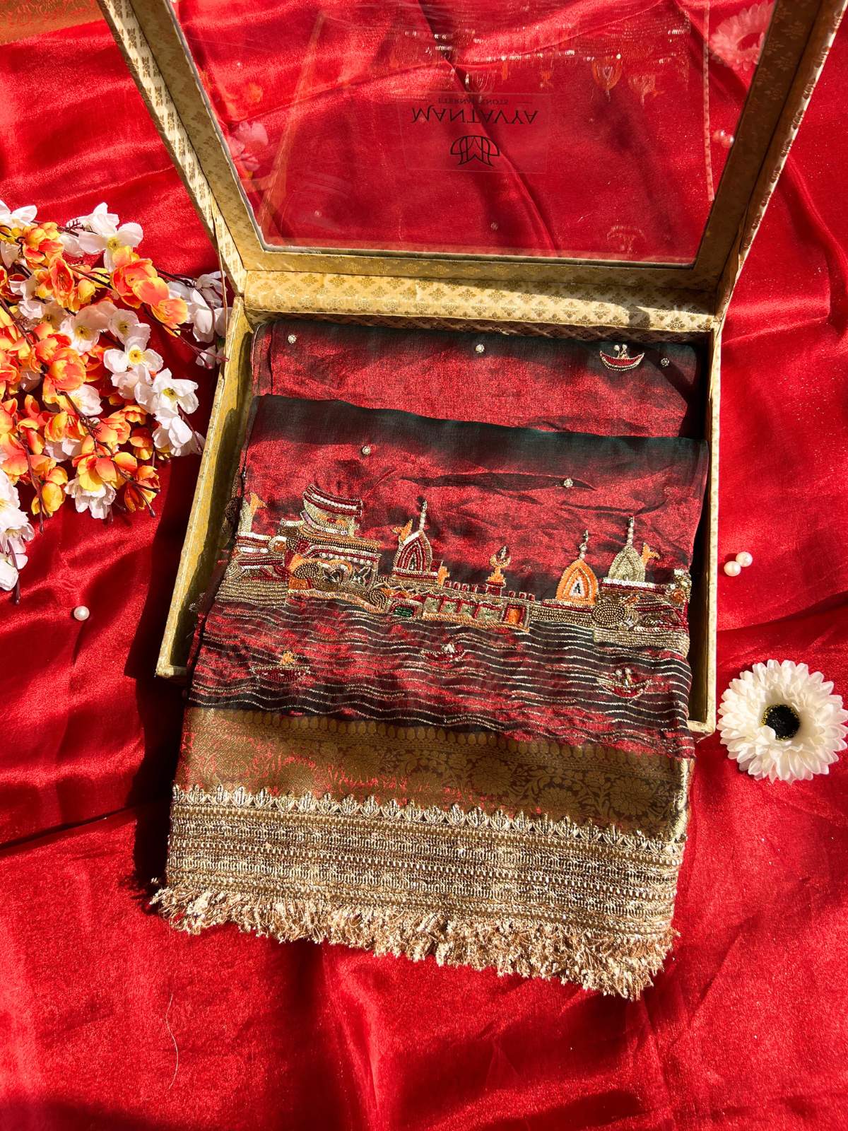 Maroon Tissue Silk Saree with Hand Embroidered Banarasi Ghat Showcase
