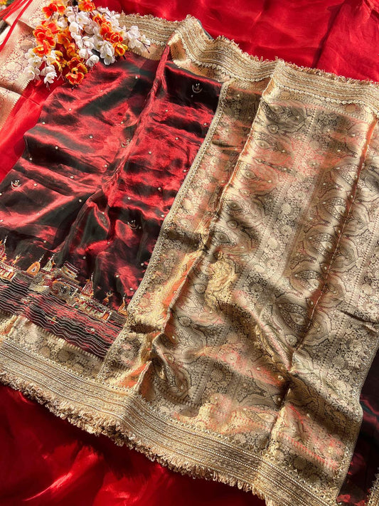 Maroon Tissue Silk Saree with Hand Embroidered Banarasi Ghat full view