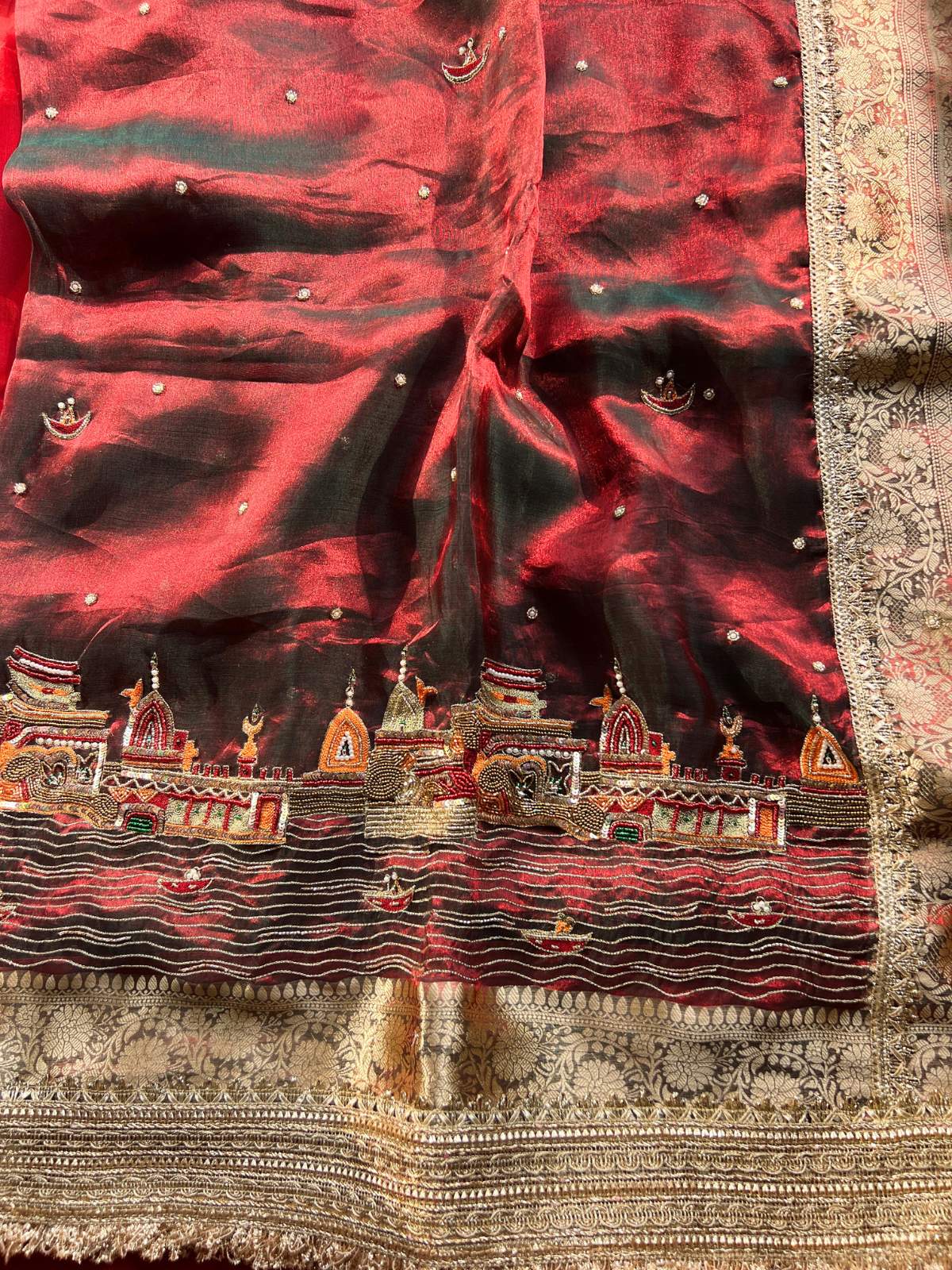 Maroon Tissue Silk Saree with Hand Embroidered Banarasi Ghat closeup view