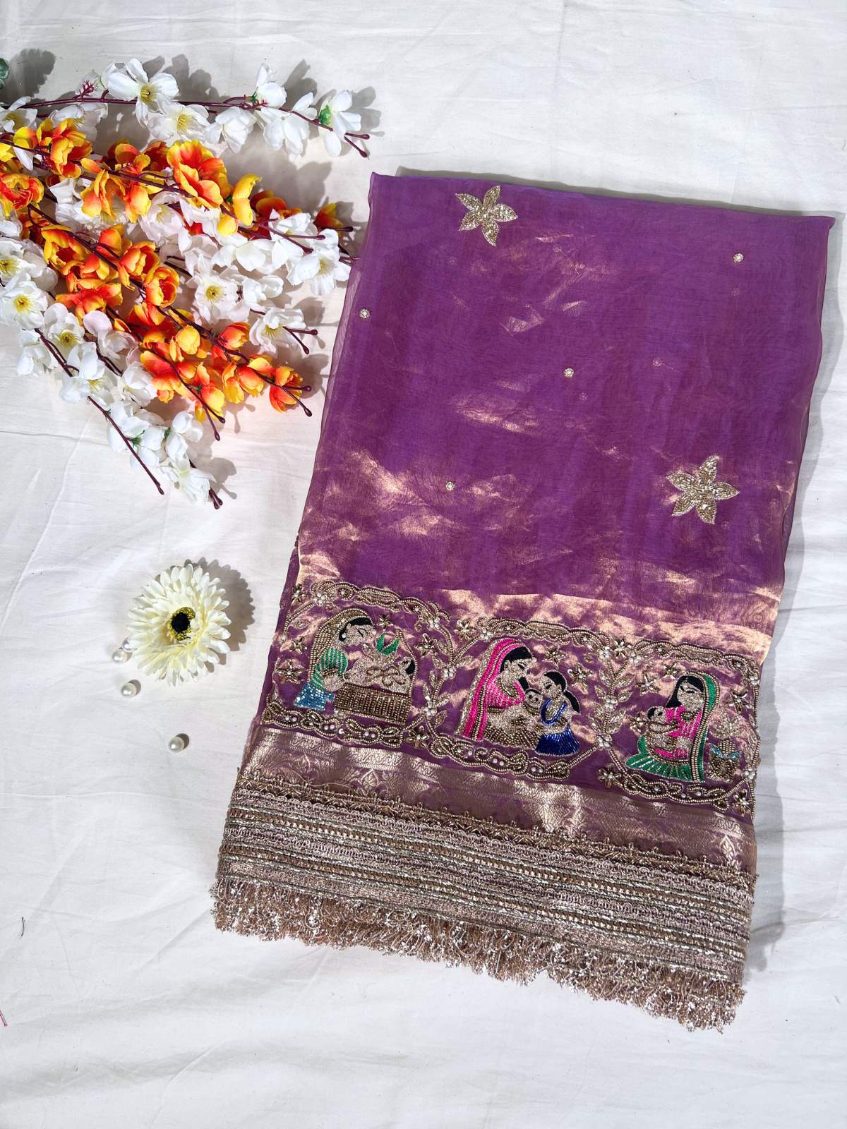 Lavender Banarasi Tissue Silk Saree Godh Bharai with Hand Embroidered Baby Shower front view