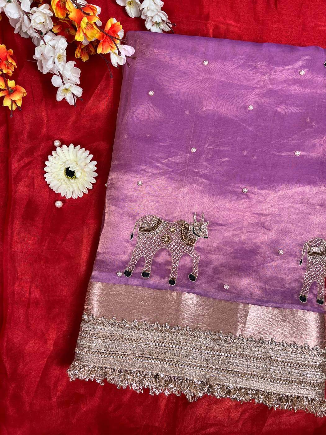 Lavender Tissue Silk Saree Nandi with Hand Embroidered Front view