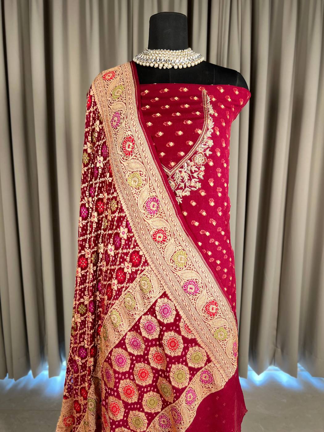 Maroon Bandhej Suit