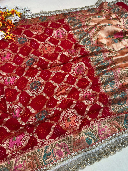 Red Bandhej silk saree - mantavya banaras
