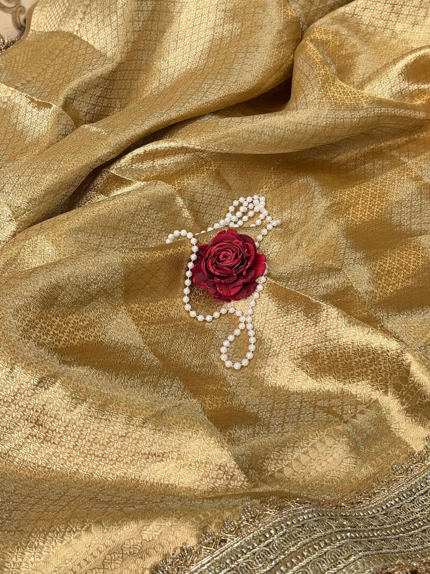 "Hand-embroidered golden pure Banarasi tissue silk saree - mantvya banaras