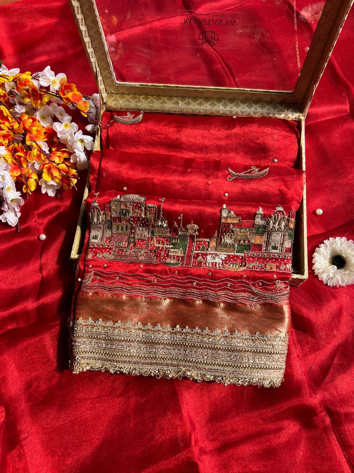 Royal Red Tissue Silk Saree Meena Ghat with Hand Embroidered Banarasi Ghat front view