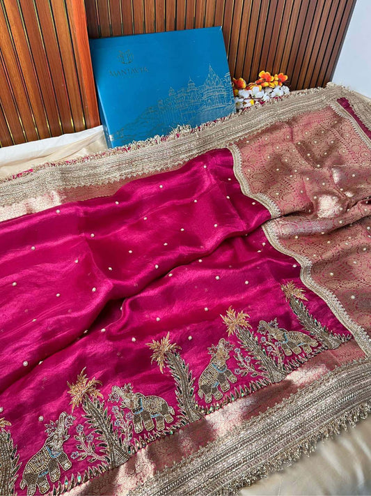 Hot pink Tissue Silk Saree Gajgamini with graceful traditional patterns Full view