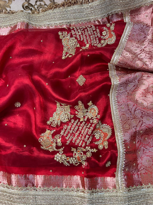 Red Karwa Chauth Banarasi silk saree for festive rituals
