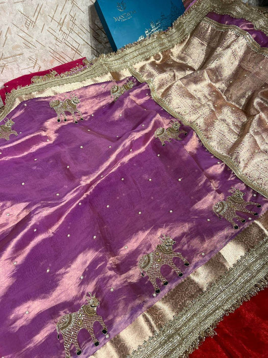 Lavender Tissue Silk Saree Nandi with Hand Embroidered Full view