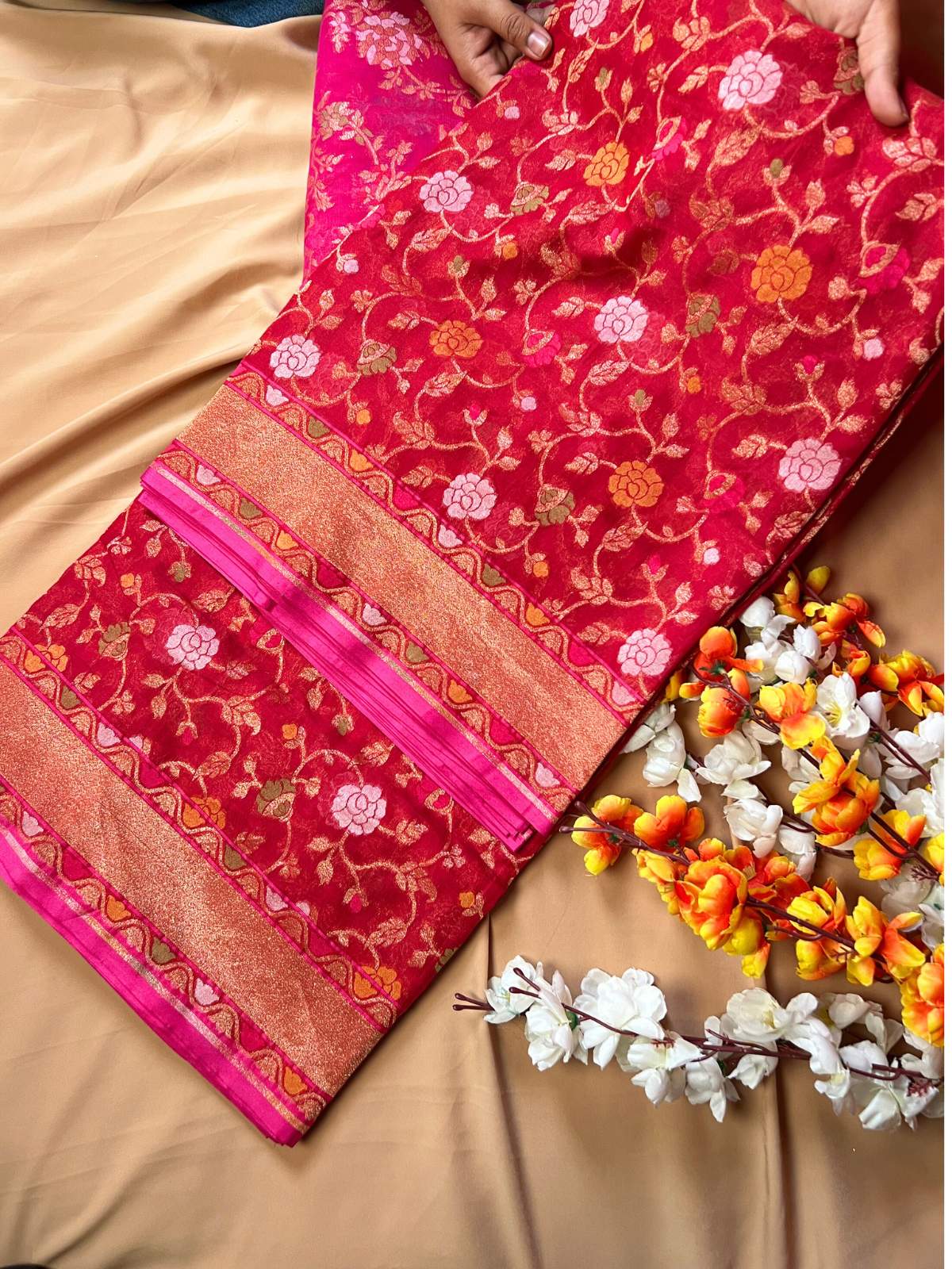 Red Cotton Jamdani Saree with floral vine front view