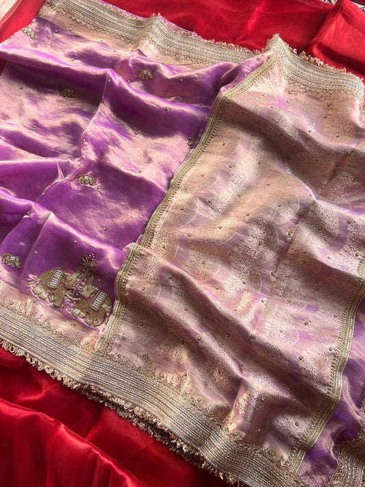 Lavender Gajraaj Tissue Silk Saree with Hand-embroidered Gajraaj full view