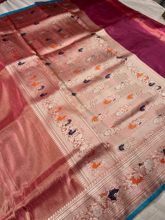 Peach Pink Katan Silk Saree with zari work with closeup view 01