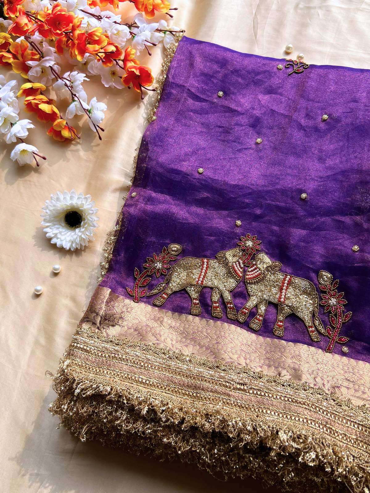 Purple Tissue Silk Saree Pichwai Nandi with hand embroidery front view