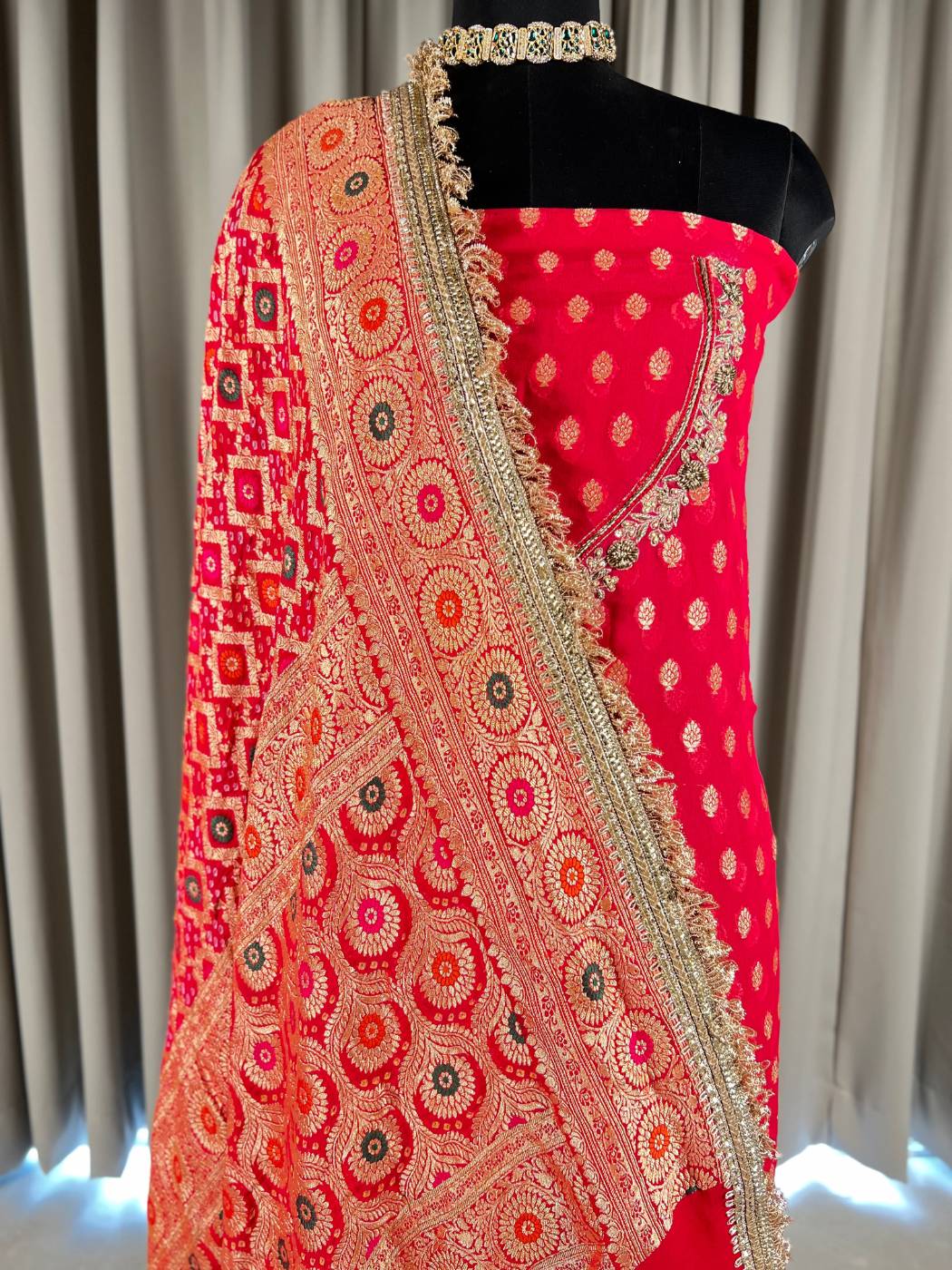 Red Bandhej Suit
