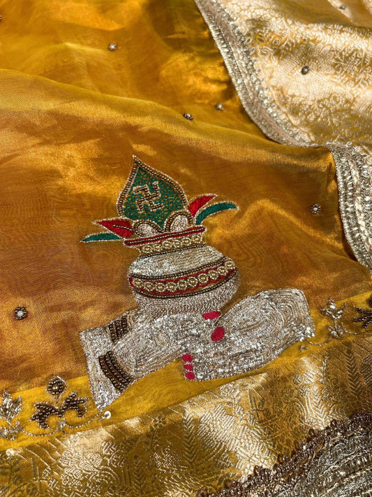 Yellow Tissue Silk Saree Shubharambh with Hand-embroidered Kalash Closeup view 01