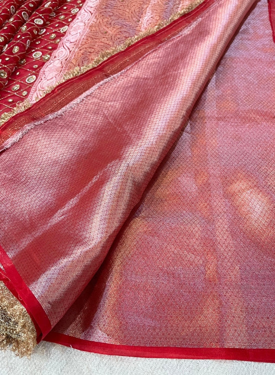 Hand Embroidered Red Bridal Banarasi Tissue Silk Saree with Zari Border and Embroidered Pallu, Perfect for Weddings and Festive Wear