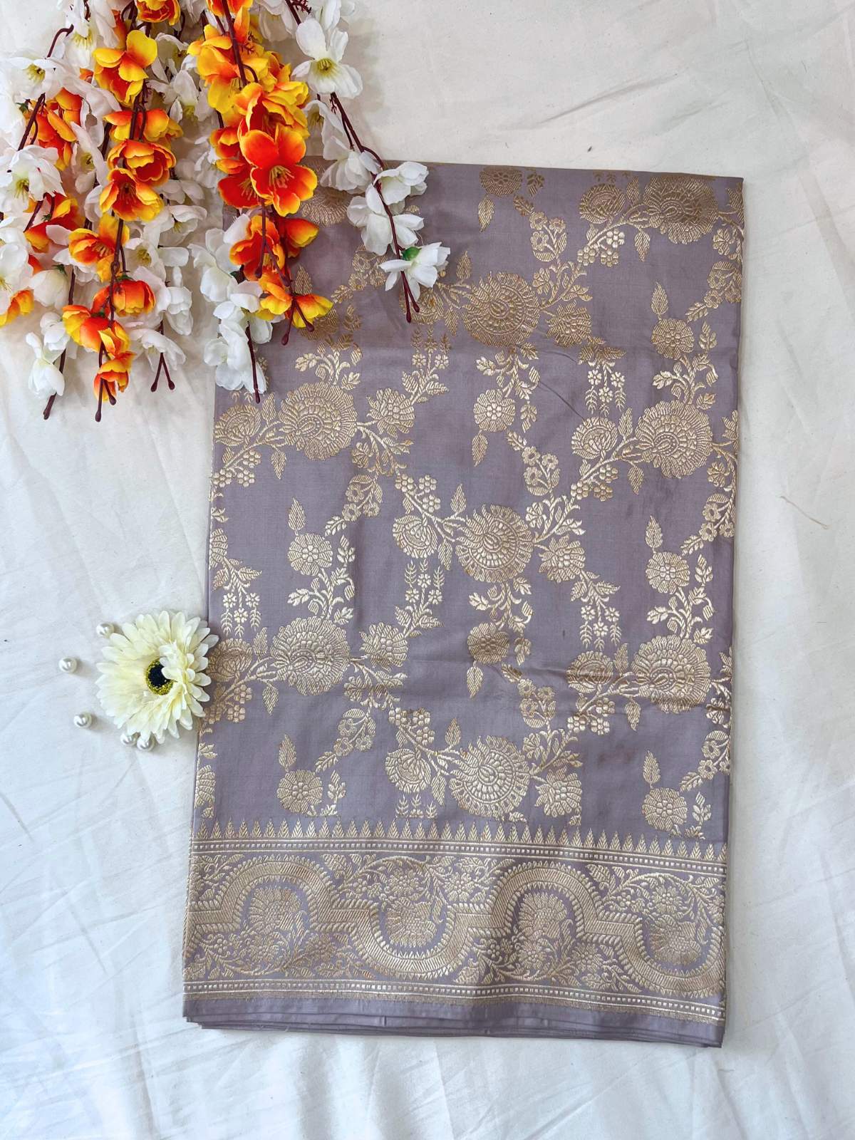 Lavender Katan Silk Saree with floral jaal front view