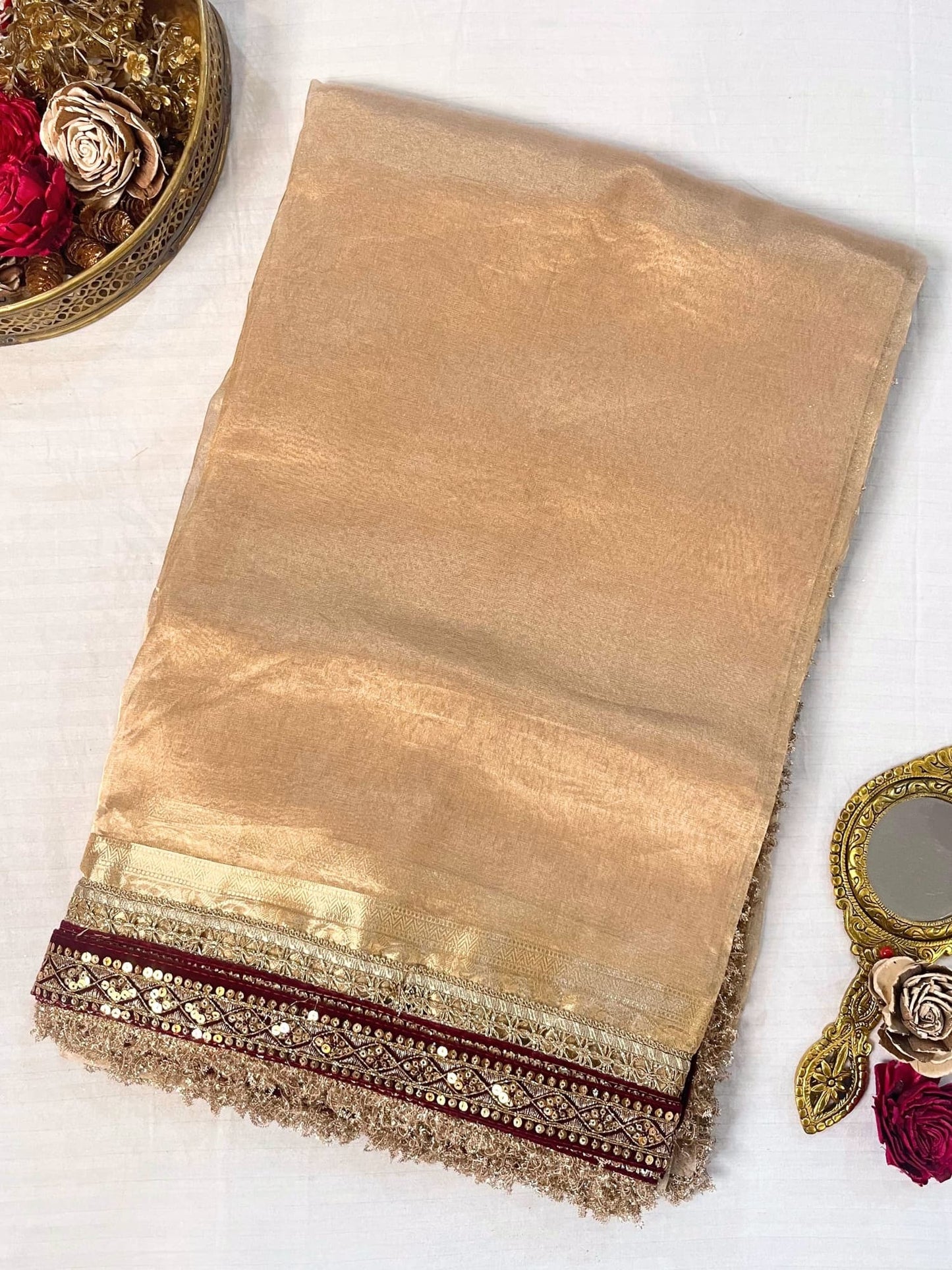 Golden Pure Banarasi Tissue Silk Saree with gota patti border, brocade aachal, and unstitched brocade blouse – handwoven Banarasi silk saree from Varanasi.