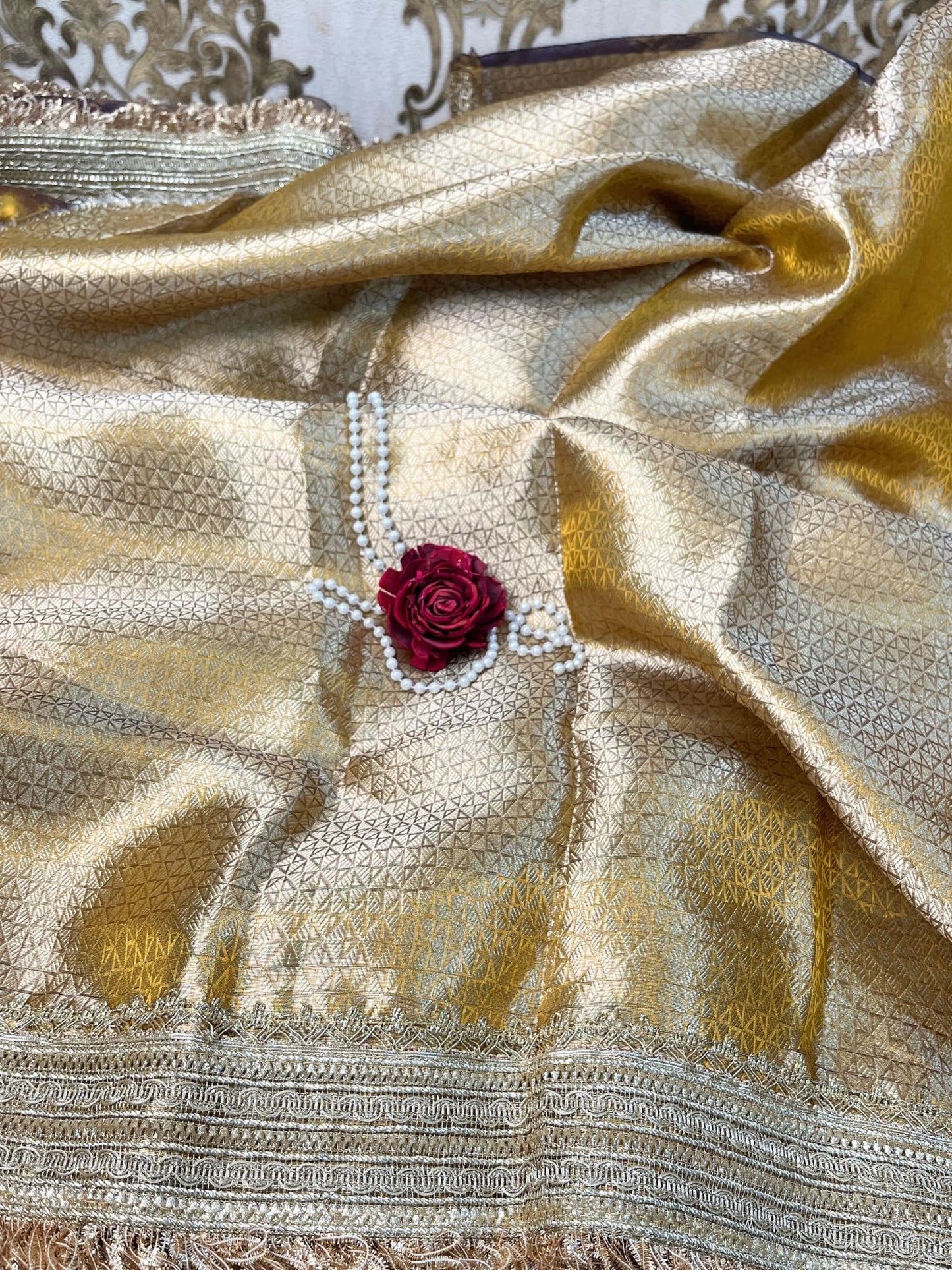 Hand Embroidered Wine Jaal Tissue Silk Saree with Intricate Traditional Design- Mantavya Banaras