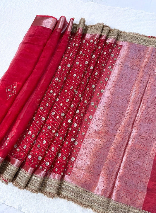 Hand Embroidered Red Bridal Banarasi Tissue Silk Saree with Zari Border and Embroidered Pallu, Perfect for Weddings and Festive Wear