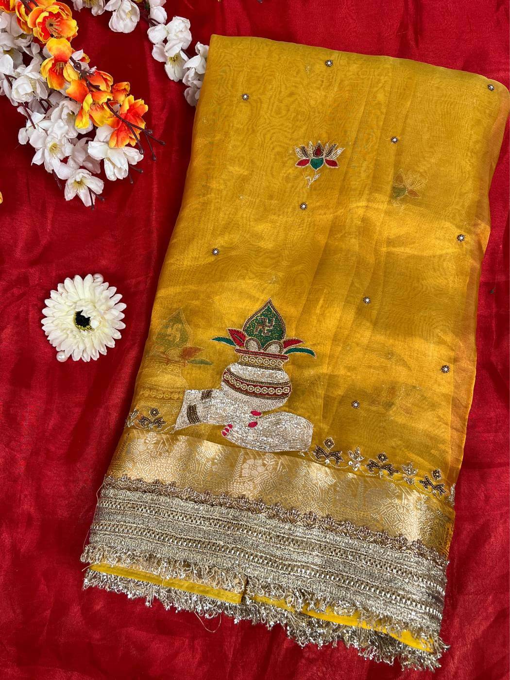 Yellow Tissue Silk Saree Shubharambh with Hand-embroidered Kalash Front view