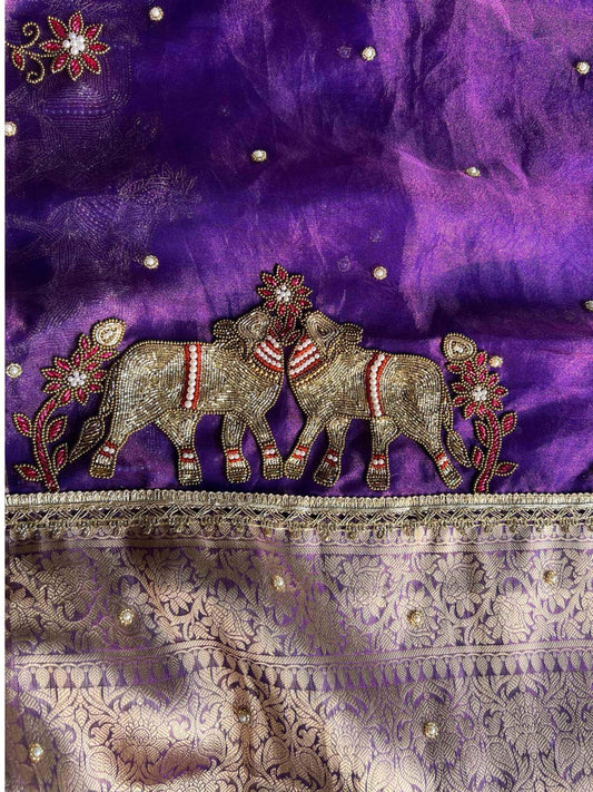 Purple Tissue Silk Saree Pichwai Nandi with hand embroidery closeup view