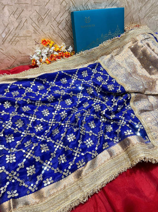 Royal Blue Tissue Silk Saree Aaina With Hand Embroidery Full View