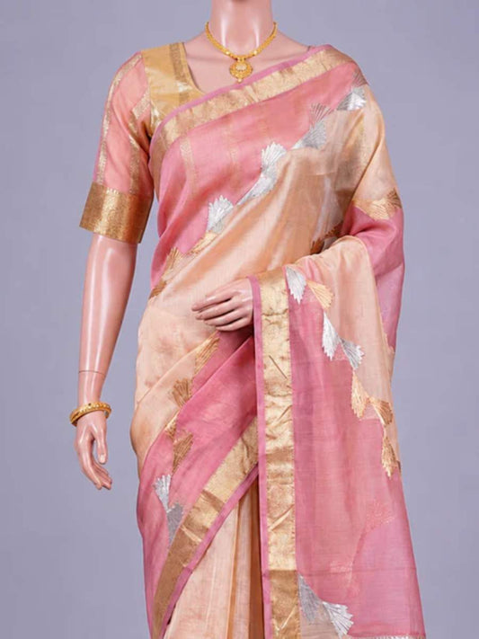 Pink Beige Kora Silk Saree Dummy closeup view